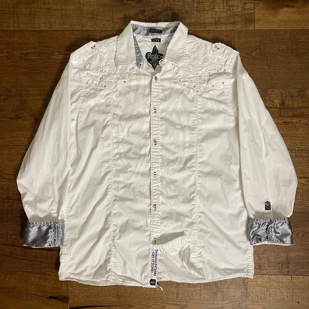 Roar Button Up Shirt Mens XXL White Western Goth Ornate Embroidered Silver Studs